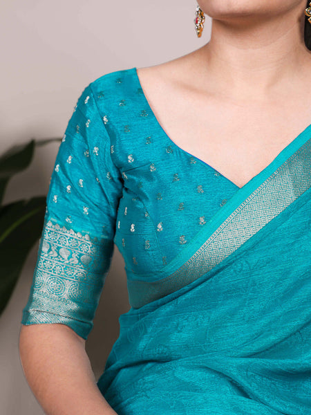 Firozi Color Self Printed With Zari Weaving Work Chinon Saree