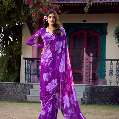 Purple Color Floral Printed Pearl Lace Border Chiffon Saree