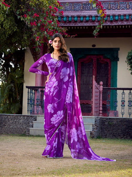 Purple Color Floral Printed Pearl Lace Border Chiffon Saree