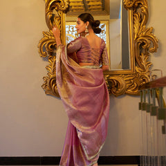 Light Pink Color Zari Weaving Work With Sequins Border Tissue Shimmer Saree