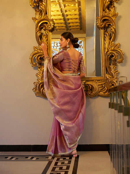 Light Pink Color Zari Weaving Work With Sequins Border Tissue Shimmer Saree