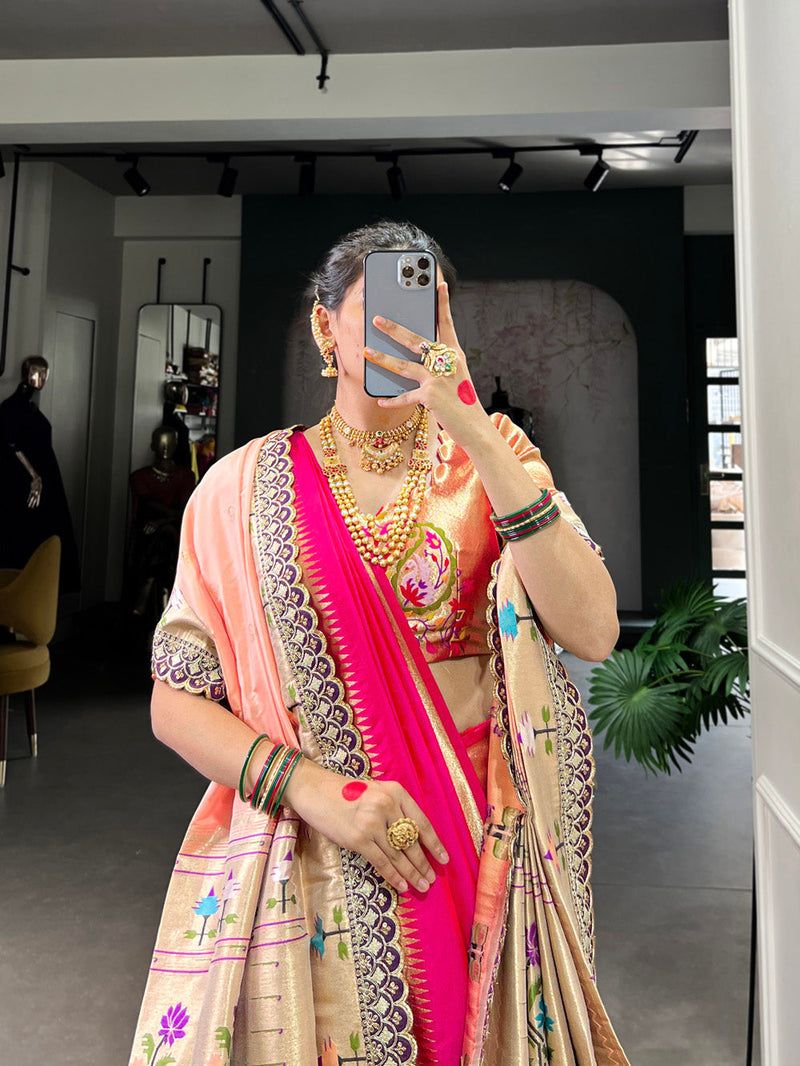 Pink Color Paithani Zari Weaving Work Jacquard Silk Saree