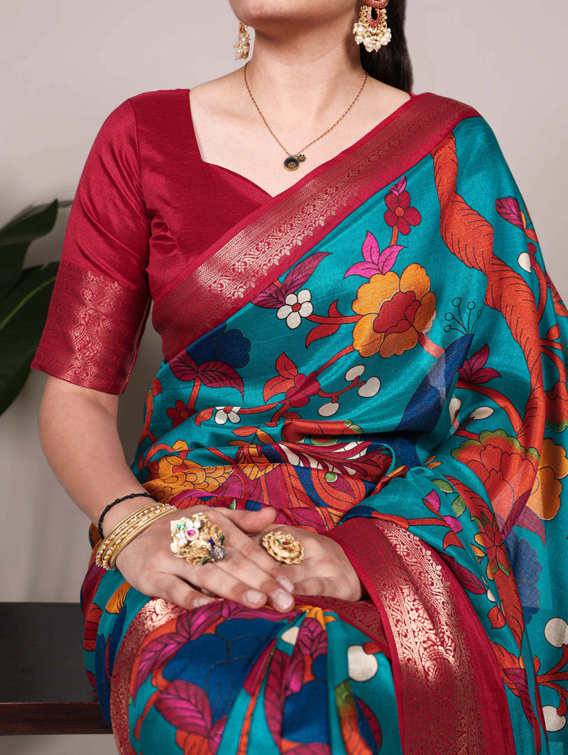 Firozi Color Printed With Zari Weaving Work Tussar Silk Saree