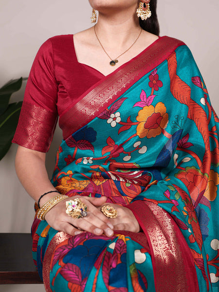 Firozi Color Printed With Zari Weaving Work Tussar Silk Saree