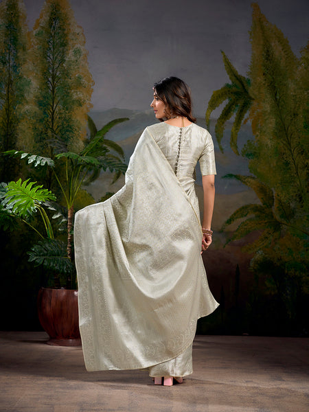 Off White Color Zari Weaving Work With Kanjivaram Saree