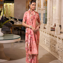 Orange Color Printed With Pearl Lace Border Georgette Saree
