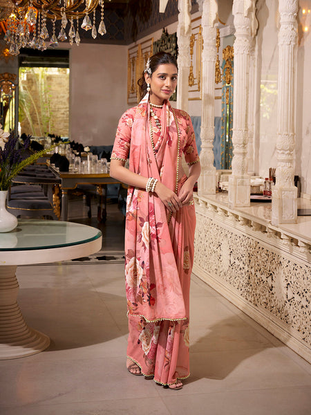 Orange Color Printed With Pearl Lace Border Georgette Saree