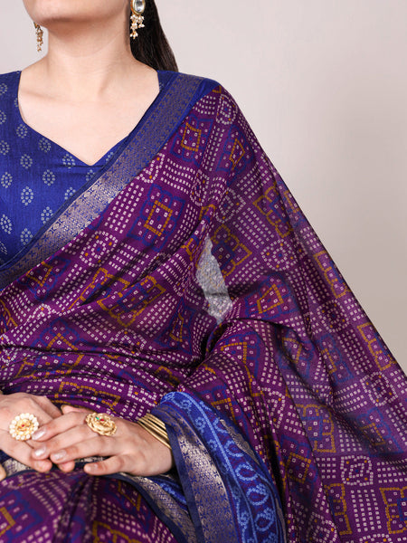 Purple Color Bandhej Print With Zari Weaving Work Viscose Chanderi Saree