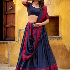 Navy Blue Color Thread Work With Chanderi Lehenga