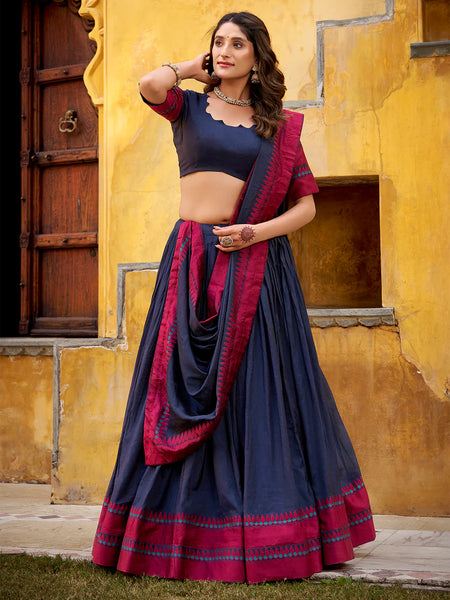 Navy Blue Color Thread Work With Chanderi Lehenga