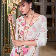 White Color Printed With Pearl Lace Border Georgette Saree