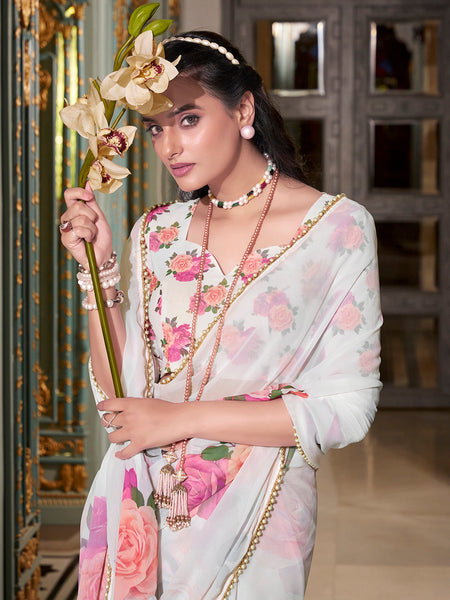 White Color Printed With Pearl Lace Border Georgette Saree
