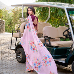 Light Pink Color Floral Printed And Pearl Lace Border Weightless Marbal Saree