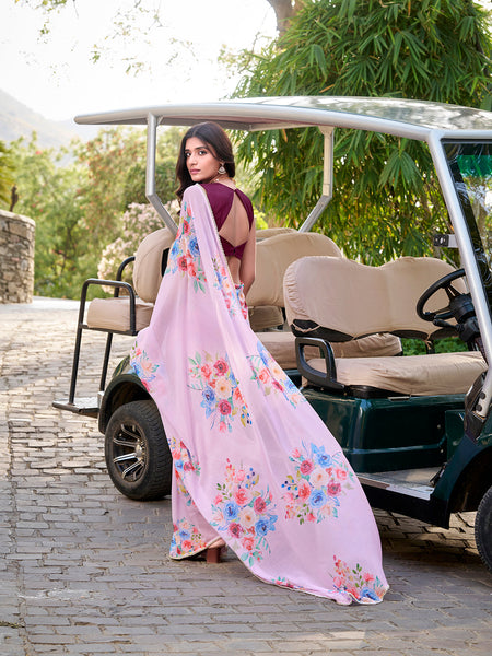 Light Pink Color Floral Printed And Pearl Lace Border Weightless Marbal Saree