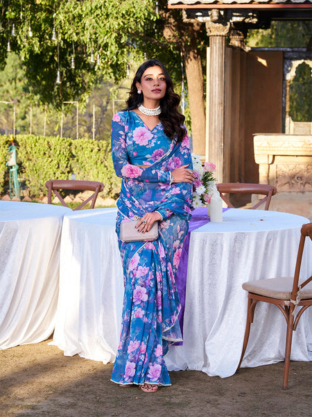 Blue Color Printed With Peral Lace Border Weightless Marbal