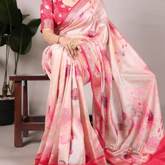 Peach Color Tussar Silk With Viscos Border Floral Printed Saree