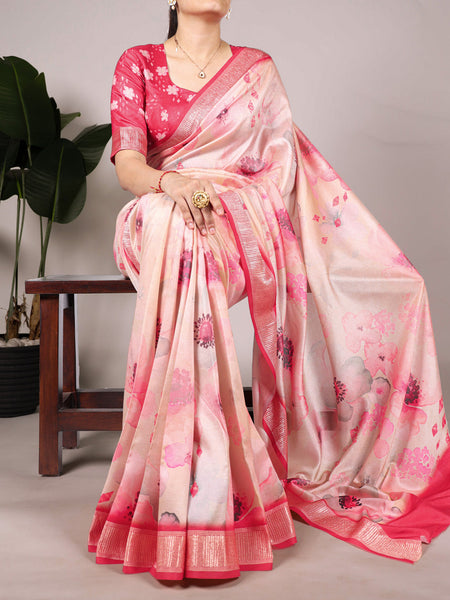 Peach Color Tussar Silk With Viscos Border Floral Printed Saree