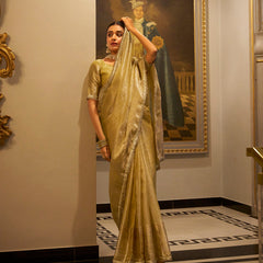 Gold Color Zari Weaving Work With Sequins Border Tissue Shimmer Saree