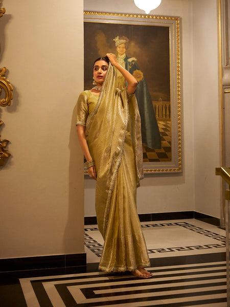 Gold Color Zari Weaving Work With Sequins Border Tissue Shimmer Saree