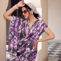 Grey Color Floral Printed With Peral Lace Border Weightless Marbal Saree