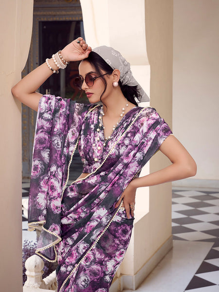 Grey Color Floral Printed With Peral Lace Border Weightless Marbal Saree