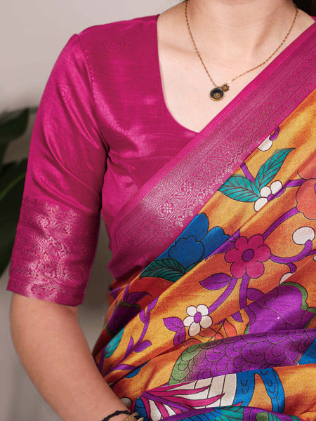 Mustard Color Printed With Zari Weaving Work Tussar Silk Saree