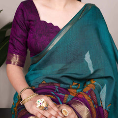 Teal Color Tradition Floral Printed With Zari Weaving Work Viscose Chanderi Saree