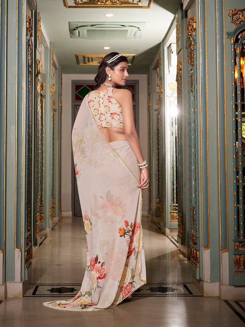 Off White Color Printed With Pearl Lace Border Georgette Saree