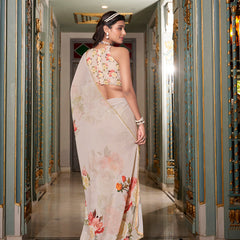 Off White Color Printed With Pearl Lace Border Georgette Saree