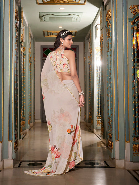 Off White Color Printed With Pearl Lace Border Georgette Saree