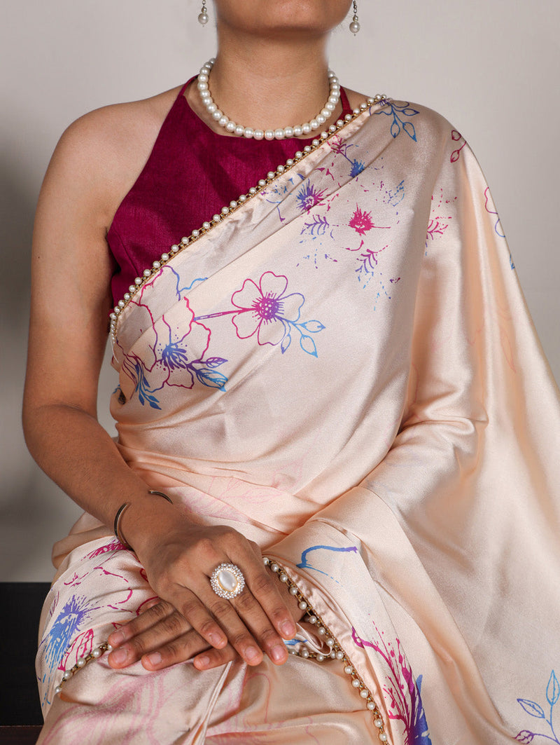 Cream Color Floral Print With Peral Lace Border Satin Silk Trading Saree
