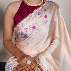 Cream Color Floral Print With Peral Lace Border Satin Silk Trading Saree
