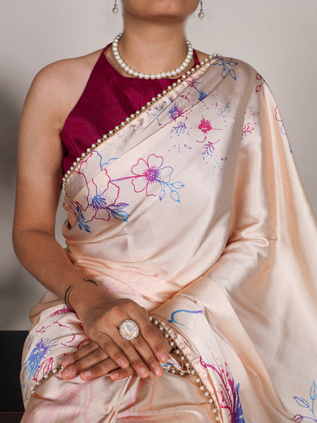 Cream Color Floral Print With Peral Lace Border Satin Silk Trading Saree