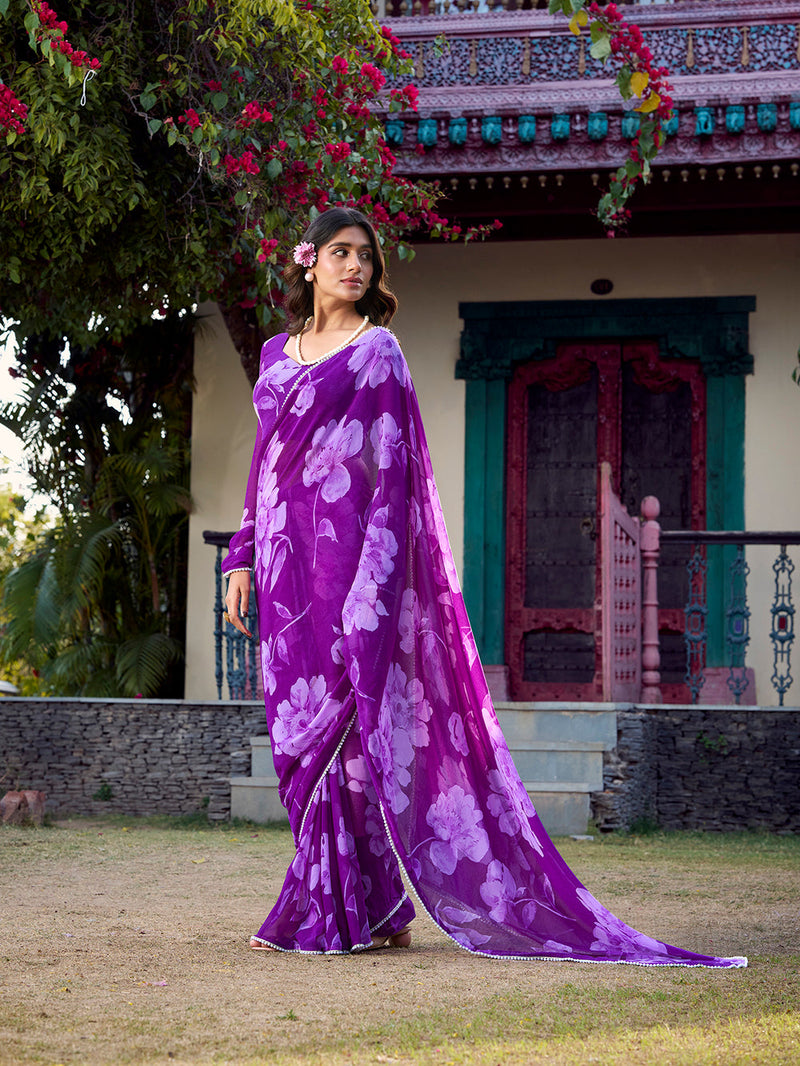 Purple Color Floral Printed Pearl Lace Border Chiffon Saree