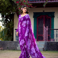 Purple Color Floral Printed Pearl Lace Border Chiffon Saree
