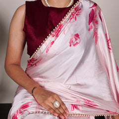 Light Pink Color Floral Print With Peral Lace Border Satin Silk Saree