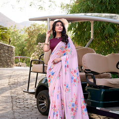 Light Pink Color Floral Printed And Pearl Lace Border Weightless Marbal Saree