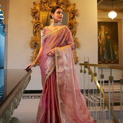 Light Pink Color Zari Weaving Work With Sequins Border Tissue Shimmer Saree