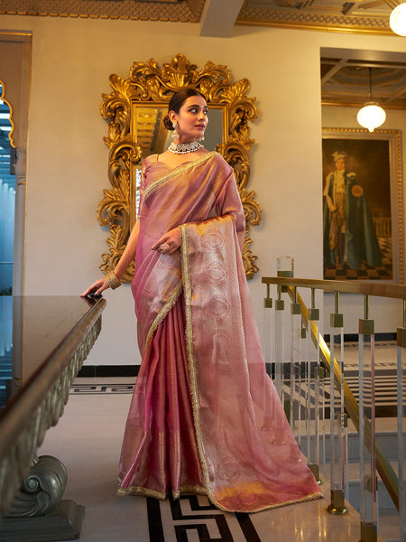 Light Pink Color Zari Weaving Work With Sequins Border Tissue Shimmer Saree