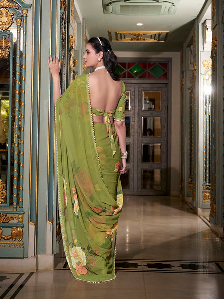Mehendi Color Printed With Peral Lace Border Georgette Stylist Saree
