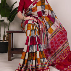 Maroon Color Printed With Temple Border Polyester Viscose Chanderi Saree