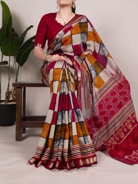 Maroon Color Printed With Temple Border Polyester Viscose Chanderi Saree