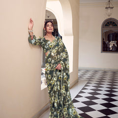 Mehandi Color Floral Printed With Peral Lace Border Weightless Marbal Saree