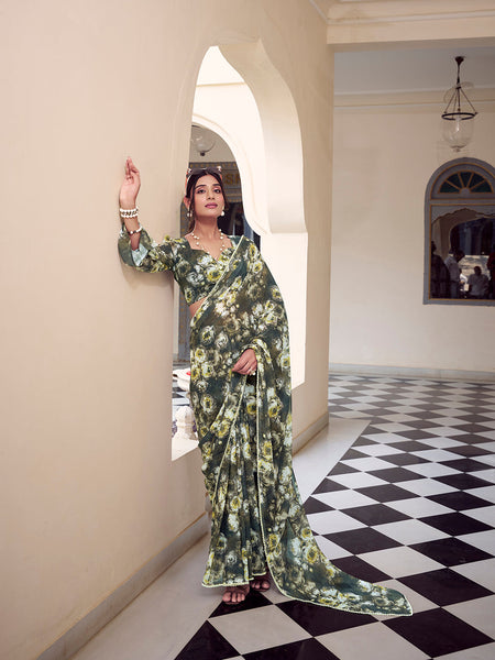 Mehandi Color Floral Printed With Peral Lace Border Weightless Marbal Saree
