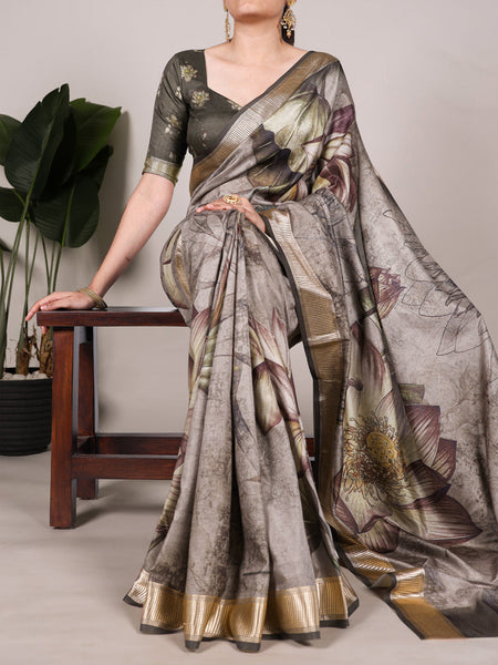 Mehandi Color Printed Tussar Silk With Viscose Border Saree