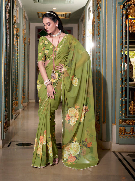 Mehendi Color Printed With Peral Lace Border Georgette Stylist Saree
