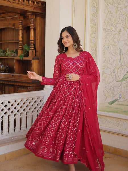 RANI & WINE  EMBROIDERED GEORGETTE ANARKALI  SUIT SET