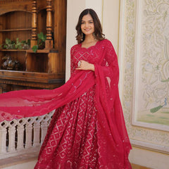RANI & WINE  EMBROIDERED GEORGETTE ANARKALI  SUIT SET