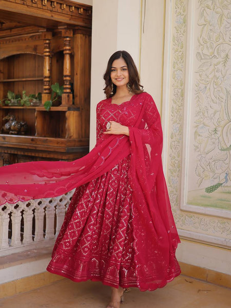 RANI & WINE  EMBROIDERED GEORGETTE ANARKALI  SUIT SET
