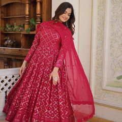 RANI & WINE  EMBROIDERED GEORGETTE ANARKALI  SUIT SET